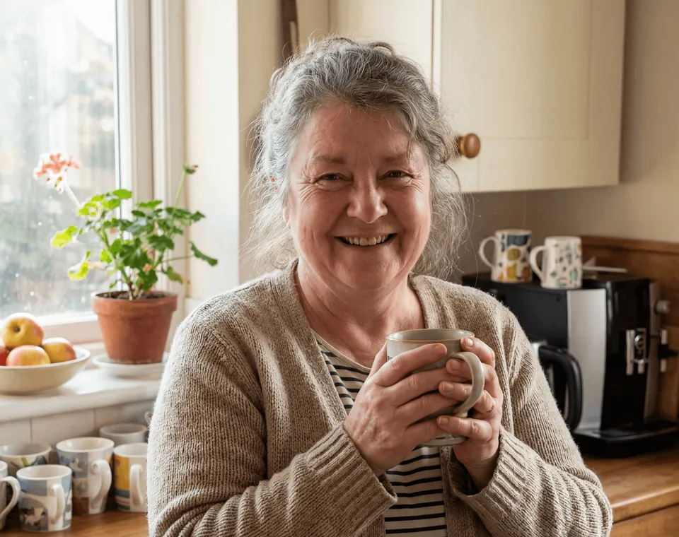 Brigitte H. lächelt in ihrer Küche und hält eine Tasse in den Händen.