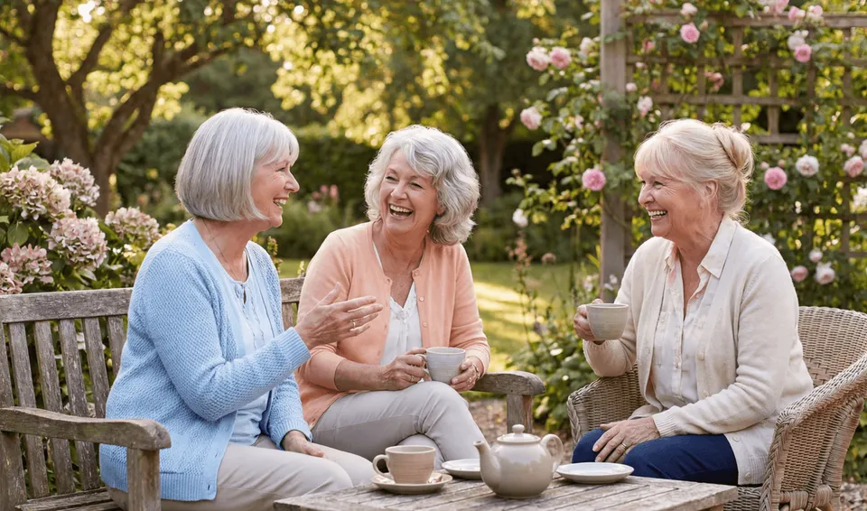 Drei lächelnde Frauen unterhalten sich bei Tee im sonnigen Garten.