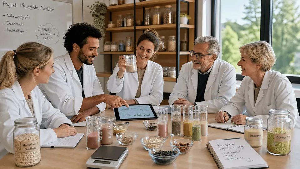 Ernährungswissenschaftler und Lebensmittelexperten entwickeln gemeinsam eine neue Rezeptur im Labor.