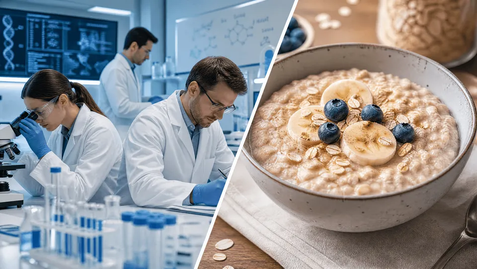 Split-Bild: Links Wissenschaftler im Labor mit Mikroskop und Reagenzgläsern, rechts eine Schüssel Haferbrei mit Banane und Blaubeeren.