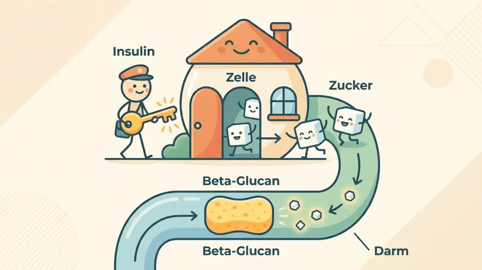 Infografik: Insulin als Briefträger mit Schlüssel, Zelle als Haus, Beta-Glucan als Schwamm im Darm.