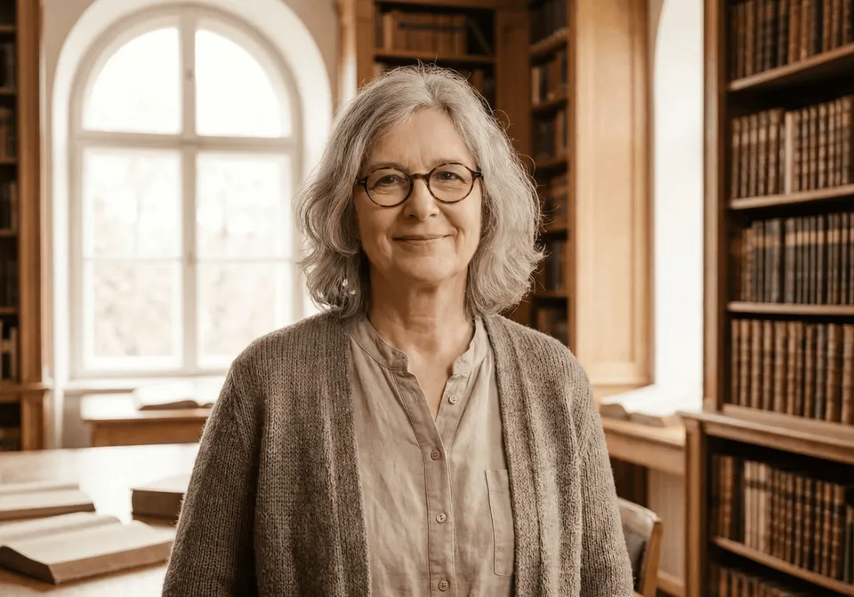 Renate Brückner lächelt in der Bibliothek vor Bücherregalen.