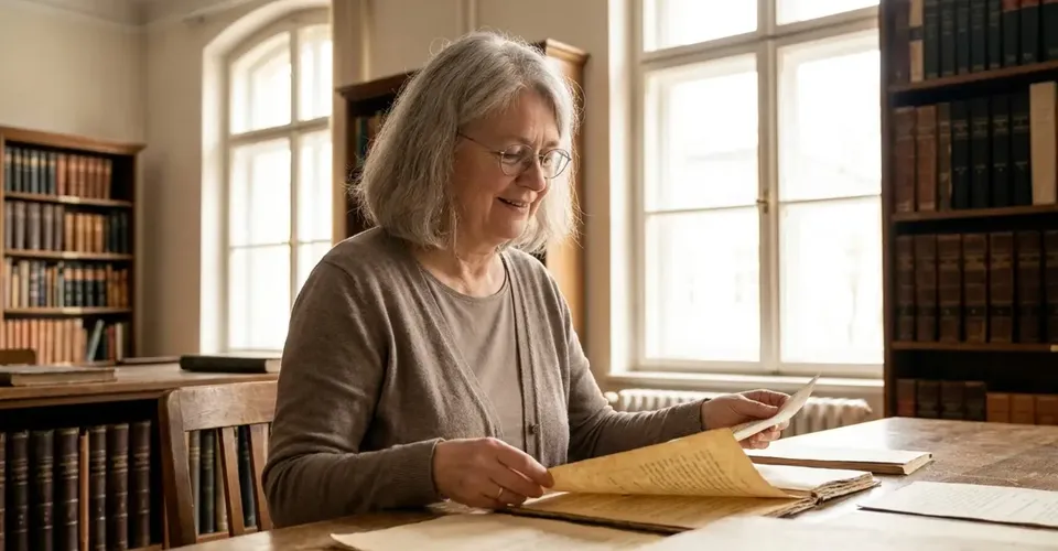 Renate Brückner im medizinhistorischen Archiv Frankfurt mit alten Dokumenten