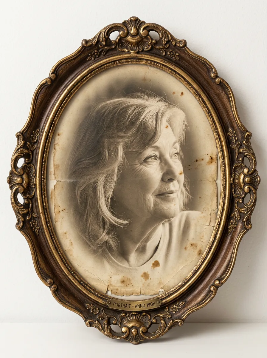 Wilhelmine, 47 Jahre, Patientin von Carl von Noorden, Frankfurt 1908 – sepiafarbenes Portrait in ornamentalem Rahmen.