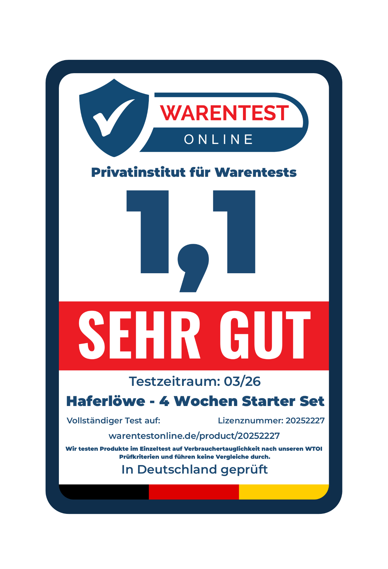 Warentest Online Siegel – Note 1,1 Sehr Gut für HAFERLÖWE 4 Wochen Starter Set